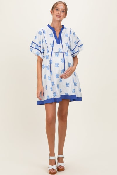PinkBlush White/ Blue Floral Short Puff Sleeve Front Tie Maternity Dress