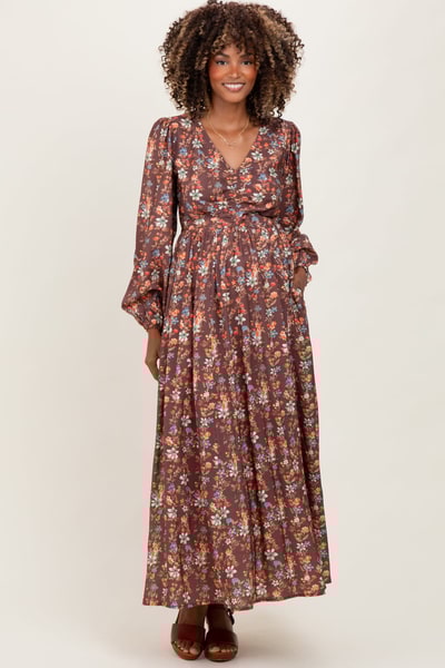 PinkBlush Mocha Floral Cinched Bust 3/4 Sleeve Maternity Maxi Dress