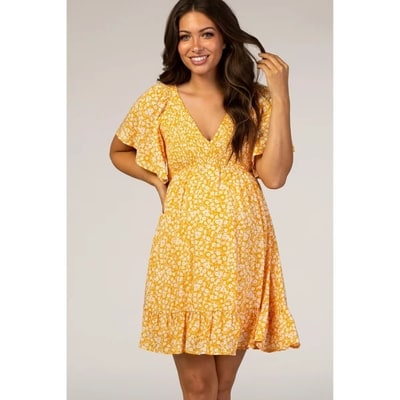 Target PinkBlush Yellow Floral Smocked Ruffle Maternity Dress