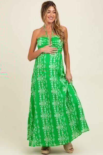 PinkBlush Green Floral Halter Tie Back Cutout Maternity Maxi Dress