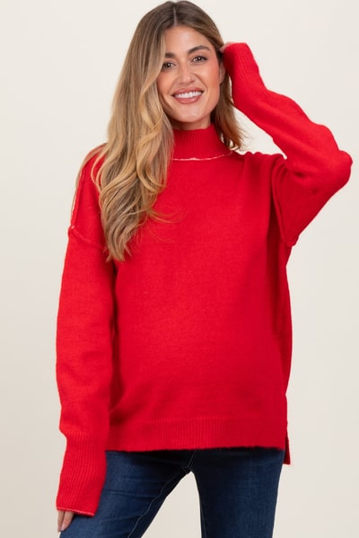 PinkBlush Red Mock Neck Contrast Seam Maternity Sweater