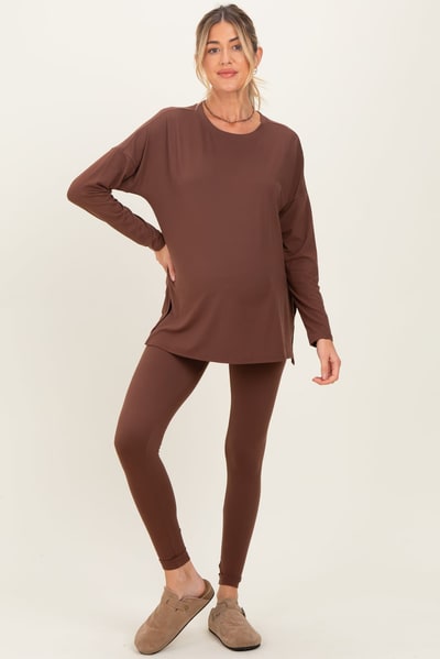PinkBlush Brown Brushed Knit Maternity Oversized Top and Legging Set