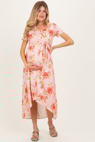 PinkBlush Peach Floral Print Short Sleeve Hi-Low Maternity Wrap Dress