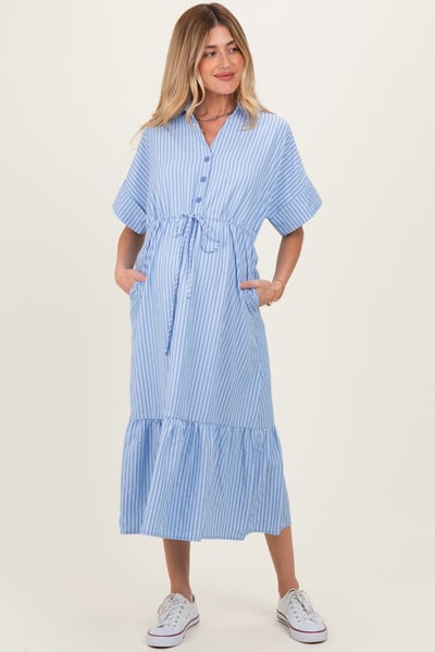 PinkBlush Light Blue Striped Button Collared Maternity Midi Dress