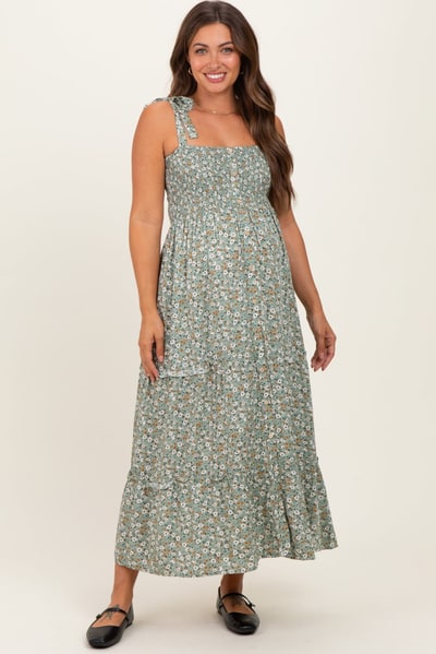 PinkBlush Light Olive Floral Button Down Shoulder Tie Maternity Maxi Dress