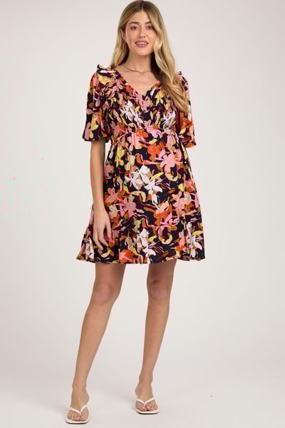 PinkBlush Navy Floral Smocked Ruffle Hem Maternity Dress