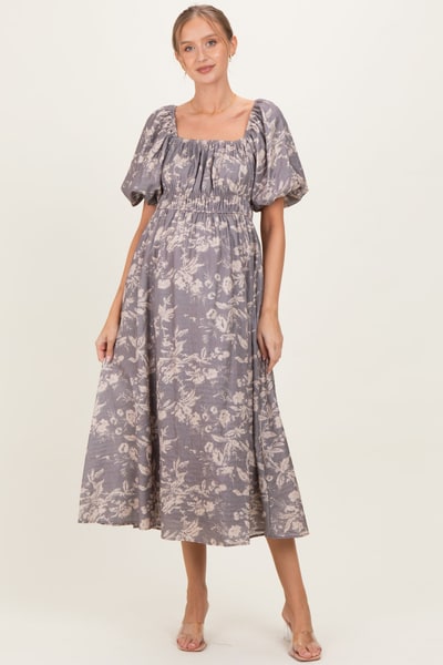 PinkBlush Grey Floral Puff Sleeve Smocked Waist Maternity Midi Dress