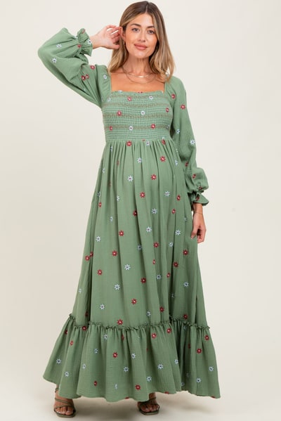 PinkBlush Olive Long Sleeve Floral Accent Maternity Dress