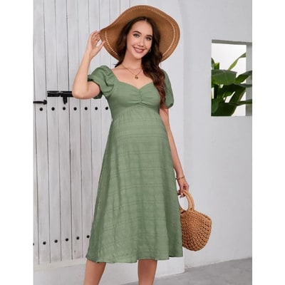 Target Women's Maternity Dress Short Sleeve Square Neck A Line Dress Tie Backless Ruffle Trim Solid Flared Dresses Army Green Large