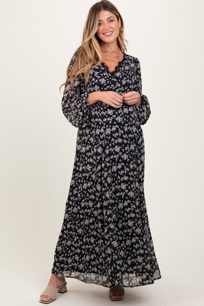 PinkBlush Black Floral Chiffon Lace Trim Back Tie Maternity Maxi Dress