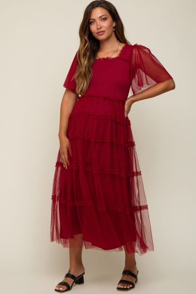 PinkBlush Burgundy Ruffled Mesh Maternity Maxi Dress