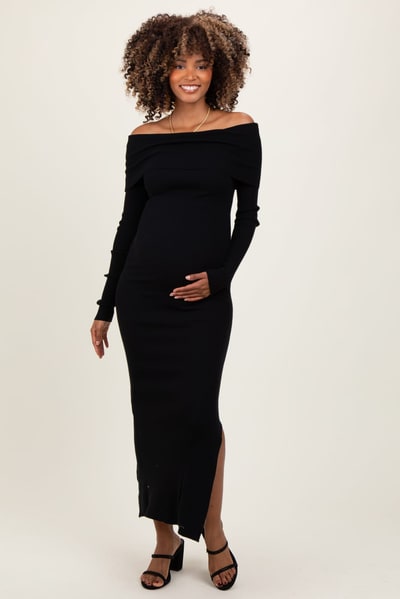 PinkBlush Black Ribbed Knit Off Shoulder Side Slit Maternity Sweater Dress