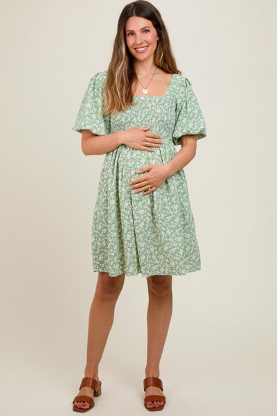 PinkBlush Light Olive Floral Smocked Tie Back Maternity Dress