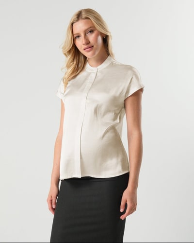 Milk & Baby Short Sleeve Satin Maternity Shell Top with Concealed Nursing Zip