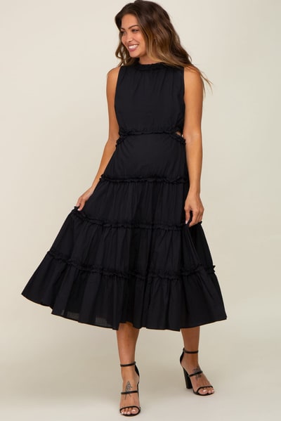 PinkBlush Black Tiered Ruffle Cutout Maternity Midi Dress