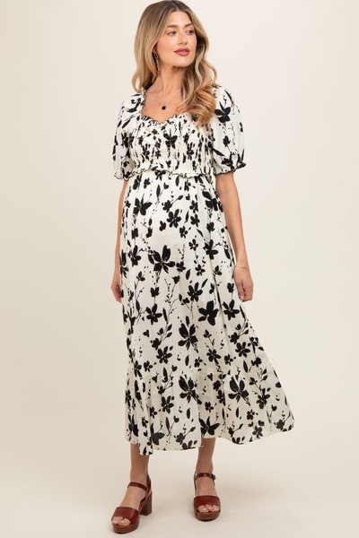 PinkBlush Cream Floral Puff Sleeve Maternity Midi Dress