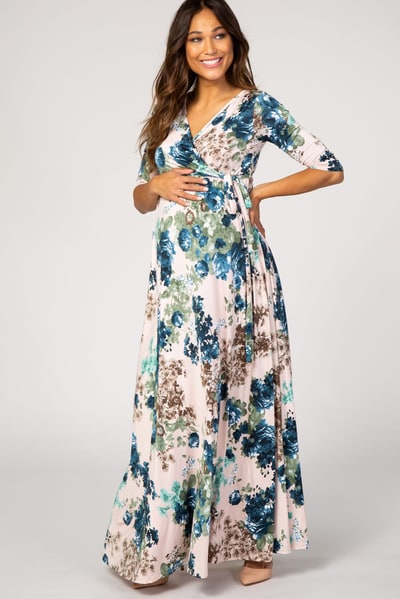 PinkBlush PinkBlush Light Pink Floral Sash Tie Maternity/Nursing Dress
