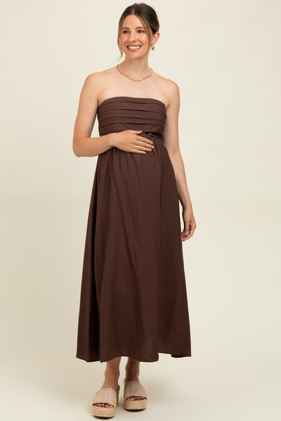 PinkBlush Brown Pleated Bodice Strapless Maternity Midi Dress