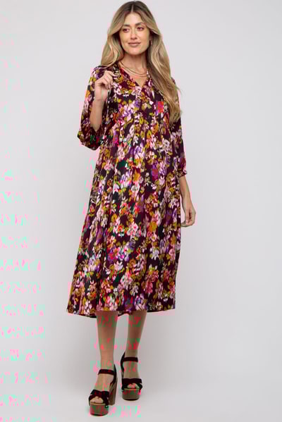PinkBlush Black Floral Satin Ruffle Neck Maternity Midi Dress