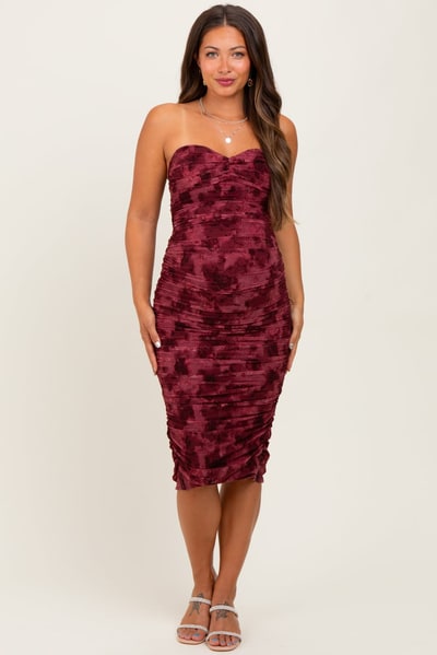 PinkBlush Burgundy Mesh Velvet Strapless Ruched Maternity Midi Dress