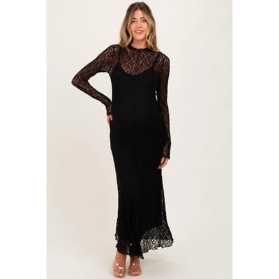 Target Pinkblush Black Lace Mock Neck Long Sleeve Maternity Maxi Dress Medium