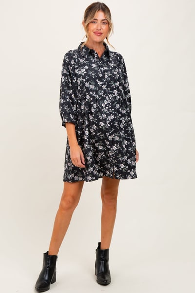 PinkBlush Black Floral Corduroy Button Down Maternity Shirt Dress