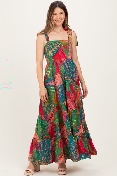 PinkBlush Green Printed Shoulder Tie Tiered Maternity Maxi Dress