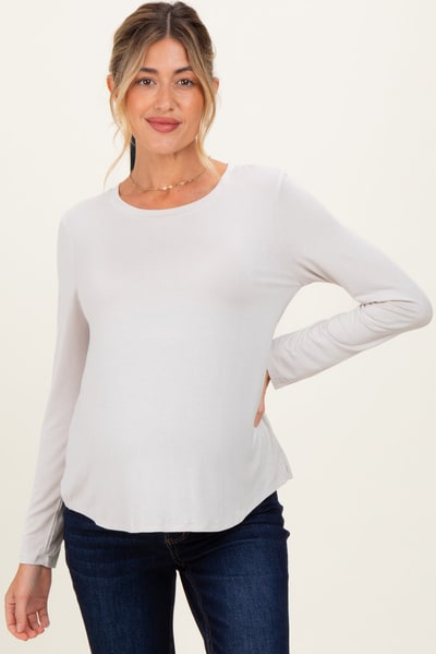 PinkBlush Beige Flowy Round Hem Maternity Long Sleeve Top