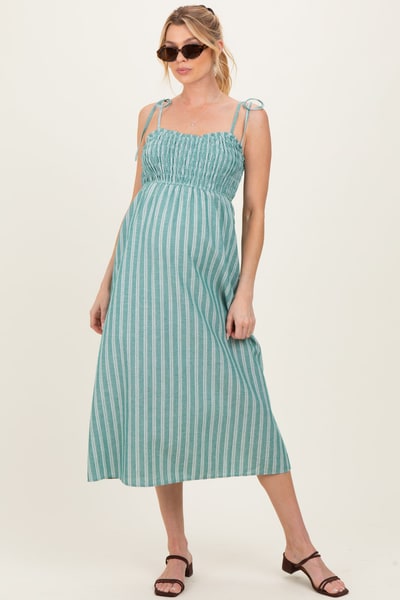 PinkBlush Jade Green Striped Smocked Shoulder Tie Maternity Midi Dress