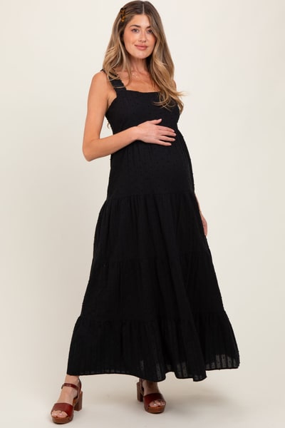 PinkBlush Black Swiss Dot Tiered Sleeveless Maternity Maxi Dress