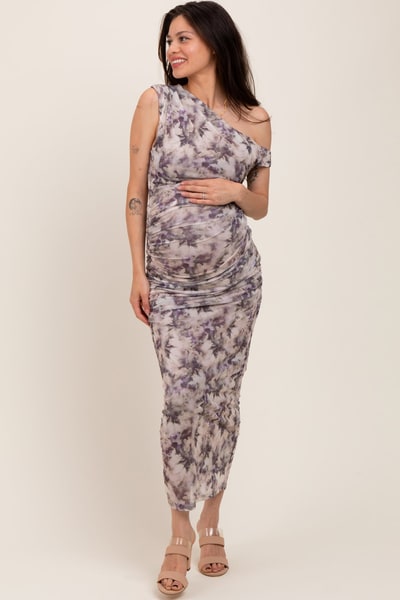 PinkBlush Purple Floral Ruched One Shoulder Maternity Midi Dress