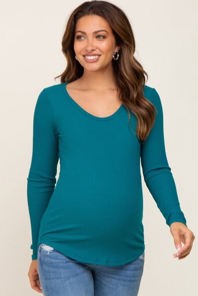 PinkBlush Teal Ribbed Scoop Neck Long Sleeve Maternity Top