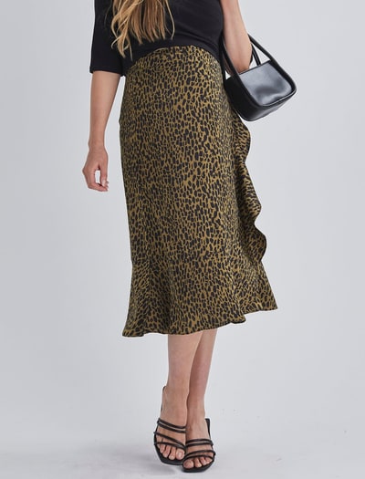 Angel Maternity Christie Maternity Wrap Midi Skirt in Khaki Leopard Print