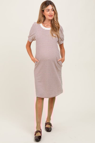 PinkBlush Burgundy Striped Puff Sleeve Maternity Midi T-Shirt Dress
