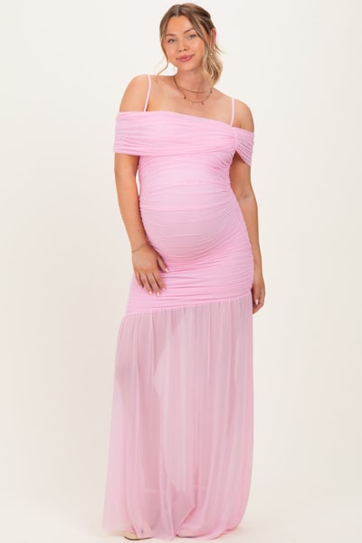 Baby Pink Ruched Mesh Off Shoulder Maternity Maxi Dress