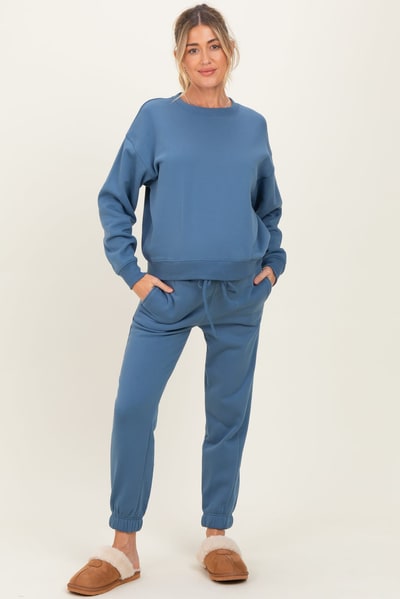 PinkBlush Dusty Blue Fleece Long Sleeve Maternity Pullover & Jogger Set