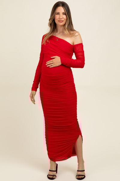 PinkBlush Red Ruched Mesh One Shoulder Long Sleeve Maternity Maxi Dress