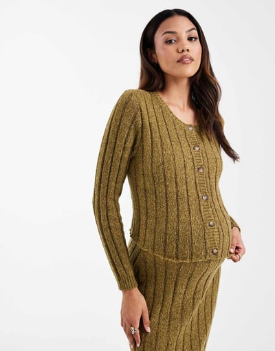 ASOS Mamalicious Maternity ribbed knit cropped cardigan and midi skirt set in chartreuse