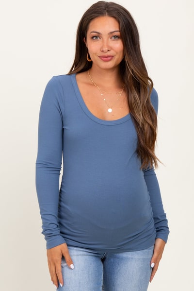 PinkBlush Blue Ribbed Ruched Maternity Long Sleeve Top