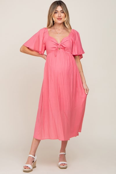 PinkBlush Coral Front Tie Ruffle Sleeve Maternity Midi Dress