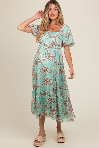 PinkBlush Mint Green Floral Chiffon Ruffle Hem Maternity Midi Dress