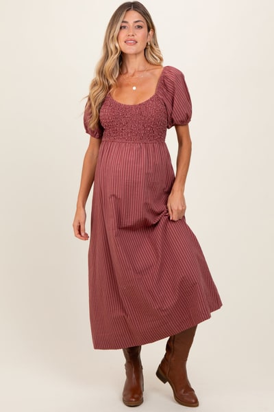 PinkBlush Mauve Striped Popcorn Smocked Maternity Midi Dress