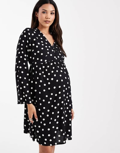 ASOS Mamalicious Maternity button front nursing friendly mini dress in black polka dot print