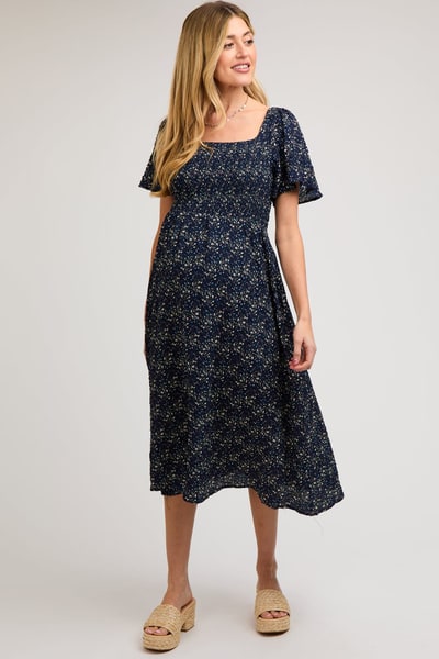 PinkBlush Navy Floral Square Neck Smocked Maternity Midi Dress