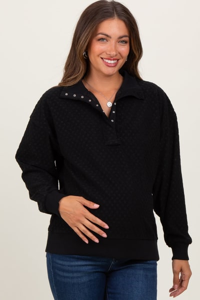 PinkBlush Black Quilted Knit Snap Collar Maternity Pullover Top
