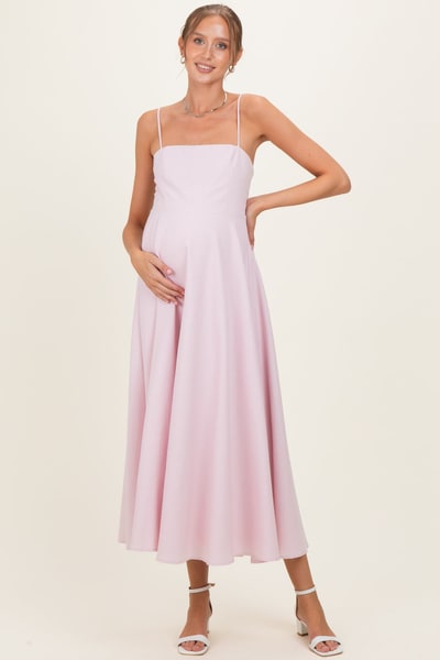 PinkBlush Light Pink Linen A-Line Flared Maternity Midi Dress