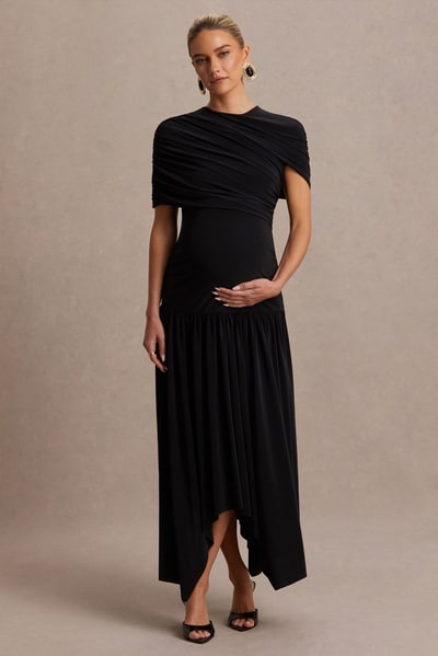 Club L London Eleni | Black Crew-Neck Maternity Maxi Dress With Cape-Sleeves And Drop Waist
