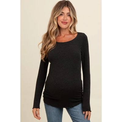 Target PinkBlush Charcoal Ribbed Knit Long Sleeve Lettuce Hem Maternity Top Charcoal Small