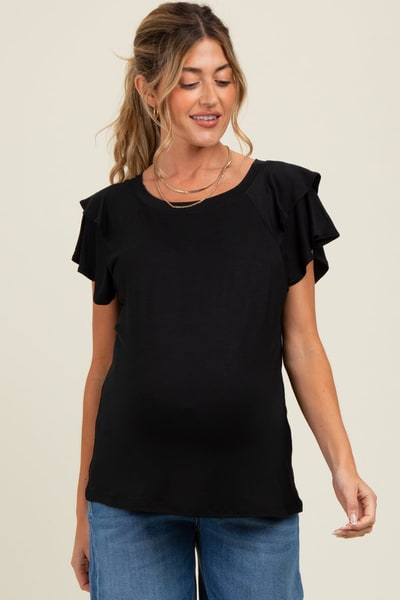 PinkBlush Black Double Ruffle Sleeve Maternity T-Shirt