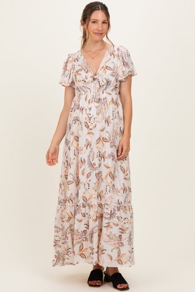 PinkBlush Beige Vintage Floral Short Sleeve V-Neck Tiered Maternity Maxi Dress